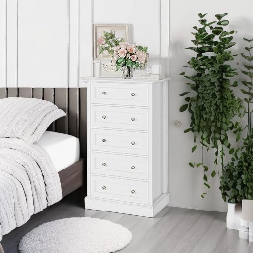 FACBOTALL 5 Drawer Dresser, 47.2" Tall White Dresser with 5 Drawers, Chest of Drawers Cabinet Wood Dresser for Hallway Living Room FACBOTALL