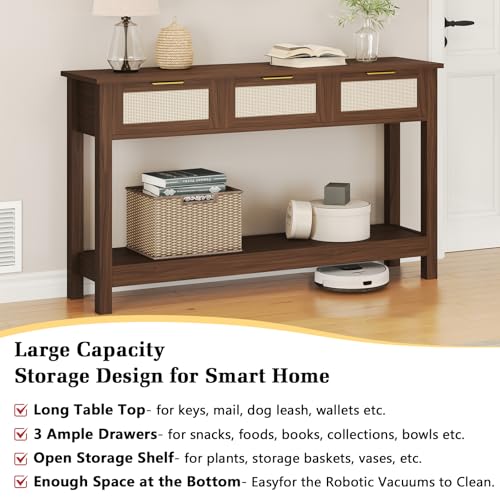Luoxiao Console Table for Entryway with 3 Rattan Drawers Boho Entry Table with Storage Open Shelf, Narrow Long Sofa Tables for Living Room, Hallway, Foyer, Couch, Front Door, Walnut, 47 Inch Luoxiao