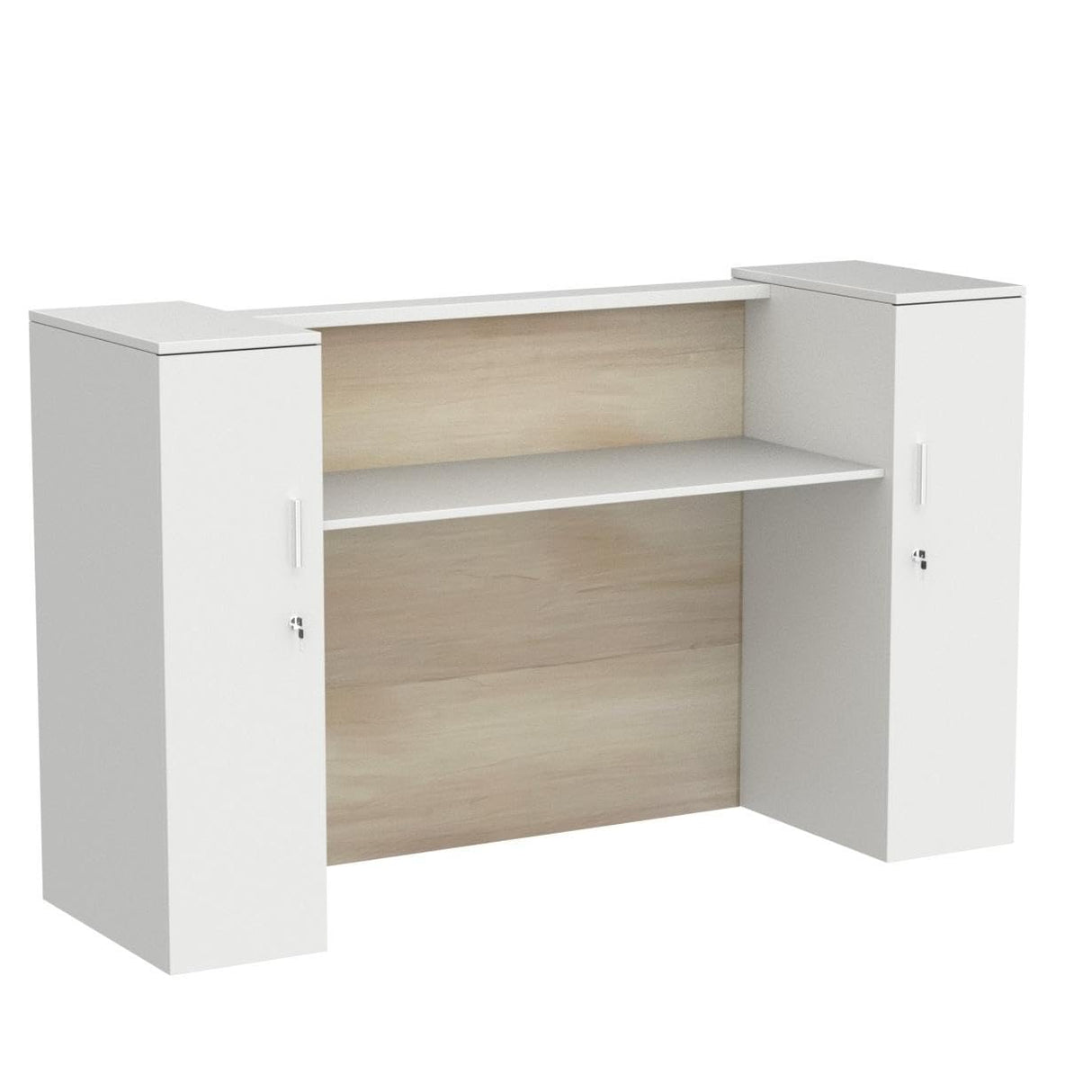 Homsee Modern Reception Desk Counter with 2 Lockable Doors & 6 Storage Compartments, Office Wooden Computer Desk with 2 Cabinets & Adjustable Shelves, White and Brown (70.9”L x 23.6”W x 43.3”H) Homsee
