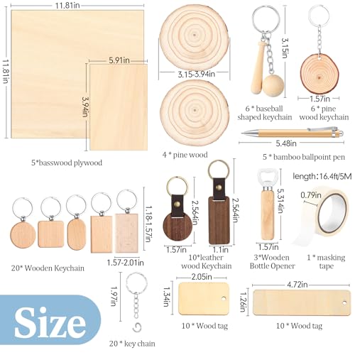 Briwooody 100 Pcs Laser Material Kit Engraving Blanks Wooden Keychains Blanks Set Laser Cutting Materials Unfinished Wooden Engraving Key Tag Ring for DIY Gifts Crafting Cutters Briwooody