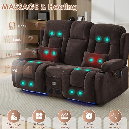 TUNYI Wall Hugger Loveseat Recliner Sofa with Console, Power Reclining Loveseat RV Couch with Massage & Heat/USB/Outlet/Storage/LED Light/Speaker (Brown)