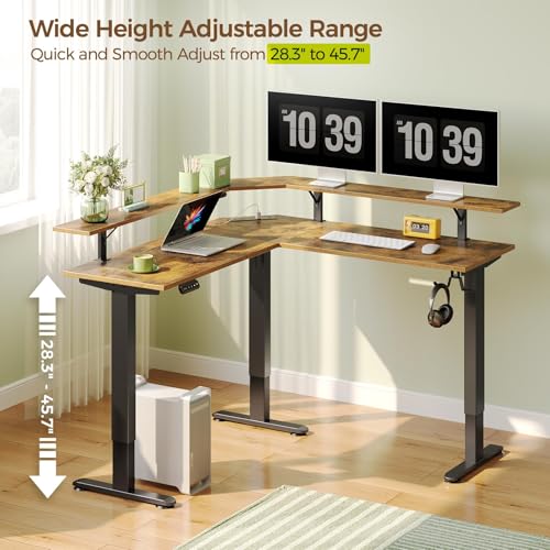 Rolanstar Standing Desk L Shaped with LED Light and Power Outlet, Electric Height Adjustable Computer Office Desk Sit Stand Up with Monitor Stand, Rustic Brown Rolanstar
