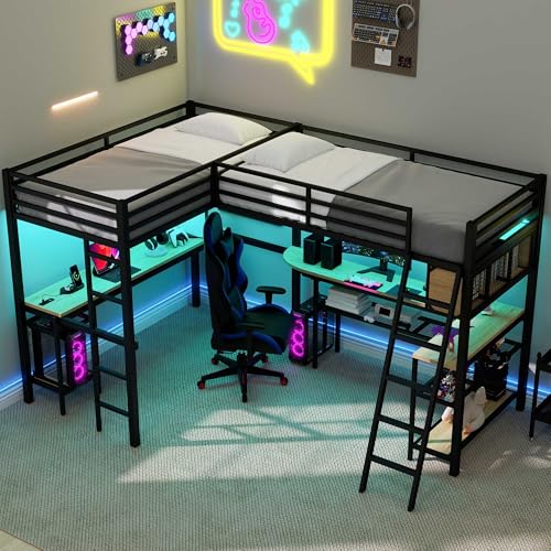 LUMISOL Twin Size Double Loft Bed with LED and Storage Shelves, Metal L-Shaped Loft Bed with 2 Built-in Desks and 2 Charging Stations, Black LUMISOL