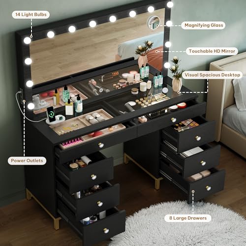 YITAHOME Makeup Vanity Desk with LED Mirror & Light, Large Makeup Table with 8 Drawers, Magnifying Glass, Power Outlets, Hairdryer Holder & Cushion Stool for Dressing Room, Black Vanity Set YITAHOME