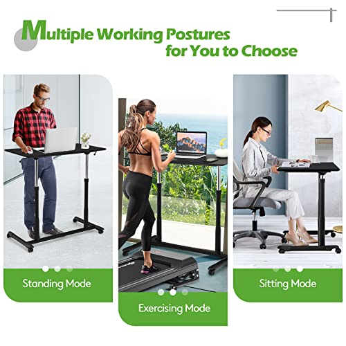 COSTWAY Mobile Height Adjustable Standing Desk, Compact Pneumatic Sit to Stand Computer Desk w/Lockable Casters, Ergonomic Rolling Laptop Table w/Steel Frame for Home Office (Black) COSTWAY