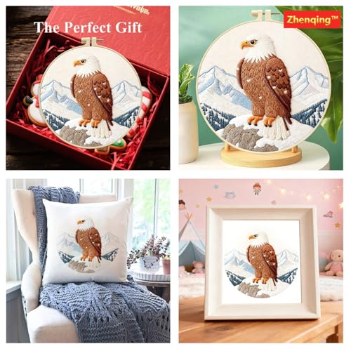 Zhenqing Eagle Embroidery Kit for Beginners, Pre-Printed 29x29cm Cotton Fabric with 20cm Hoop, Majestic Eagle on Snowy Mountain Design (C0211)