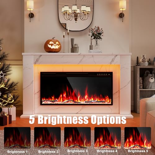 60 Inch Electric Fireplace with Mantel, Replaceable 42”Fireplace Insert Heater, 3D Realistic Log and Flame Effect, Timer, White Marble Finish for Living Room Bedroom Eshoma