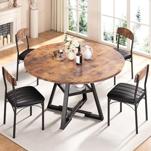 Round Dining Table Set for 4, Kitchen Table and Chairs for 4, Circle Table Round Pedestal Dining Room Dinner Dinette Table Set,5 Piece Space Saving Wood Kitchen & Dining Room Tables Set Furniture Jocoevol