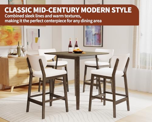 PrimeZone 5 Piece Dining Table Set - Counter Height Bar Table and Chairs Set for 4, Mid-Century Modern Upholstered Bar Stools with Back & Wood Kitchen Table, Dinette Set for Dining Room, Pub PrimeZone