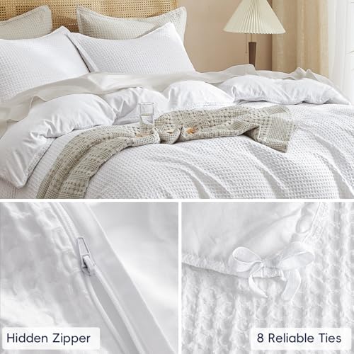 PHF Waffle Weave Duvet Cover Set Queen Size, No Snagging Ultra Soft Luxury Textured Breathable Comforter Cover for All Season 3pcs, Durable Bedding Duvet Set with 2 Pillow Shams, 90"x90", White PHF