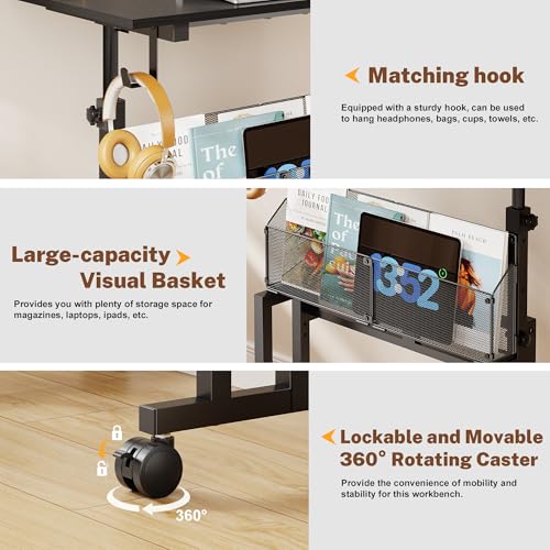 Height Adjustable Standing Desk With Storage, Small Stand Up Desk With wheels, Portable Rolling Desk for Home Office, Mobile Sit Stand Desk for Small Spaces, For Walking Pad Treadmill, Black Huxitocan