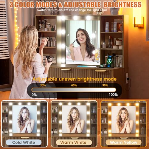 DDONGMM Fluted Vanity Desk with Mirror and 10 Adjustable LED Lights, Modern Makeup Desk with 7 Drawers & 6 Shelves, Dressing Table with Charging Station for Girls, Women, Bedroom, Natural Oak DDONGMM