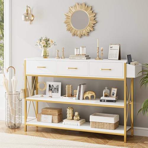 HITHOS 47.2" Console Table with 3 Drawers, Narrow Long Entryway Table with 3-Tier Storage Shelves, Industrial Sofa Foyer Table for Living Room, Hallway, Entry Way, Foyer, Kitchen, White/Gold HITHOS