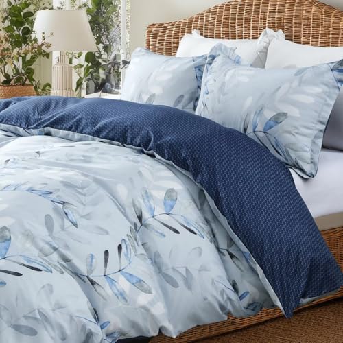 OAITE Duvet Cover Queen Size,Reversible Leaf Blue Duvet Cover Set with Zipper Closure, 3 Pieces Modern Patterns Soft Microfiber Bedding Set with 8 Ties(90’’*90’’,2 Pillow Cases) OAITE