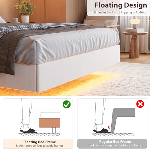 IDEALHOUSE King Floating Bed Frame with LED Lights & Charging Station, Upholstered Platform Bed with Storage Headboard, Wood Slats Support, No Box Spring Needed, Easy to Assemble, White IDEALHOUSE