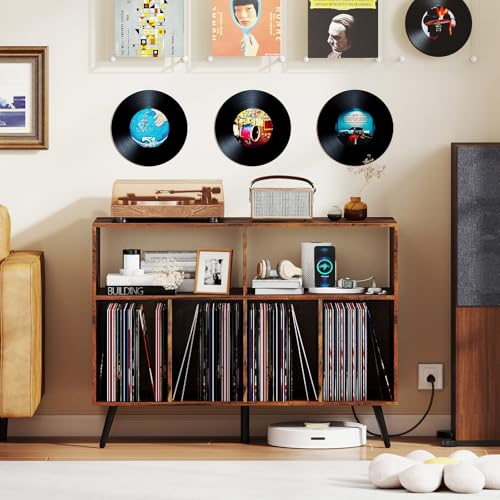 Giantex Large Record Player Stand with Charging Station, Turntable Stand Holds Up to 300 Albums, Record Player Table with Raised Leg, Vinyl Record Storage for Living Room (Rustic Brown) Giantex