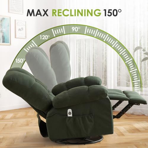 Oversized Recliner Chair for Adults w/ 8-Point 3D Kneading Massage and Lumbar Heating, Swivel Rocker Recliner w/USB Charge Port for Living Room, Ergonomic Lazy Boy Single Sofa Chair (Green)