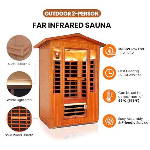 Outdoor Sauna 2 Person Sauna Infrared Saunas Dry Sauna Room 2080W/110V Low EMF Outer Board Red Cedar/Inner Board Fir Wood, Oxygen Bar, Speaker, LCD Control Screen, LED Lights - 48.8*38.2*81.9 in HOSAUNA