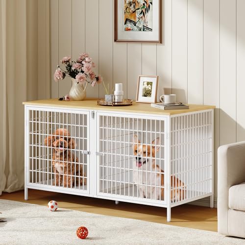 MAHANCRIS Dog Crate Furniture for 2 Dogs, 43.3" Dog Kennel with Removable Divider, Heavy Sturdy Dog Furniture Style Double Cage for Small Medium Dogs, Indoor Pet House End Table, Natural and White MAHANCRIS
