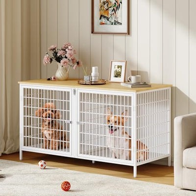 MAHANCRIS Dog Crate Furniture for 2 Dogs, 43.3" Dog Kennel with Removable Divider, Heavy Sturdy Dog Furniture Style Double Cage for Small Medium Dogs, Indoor Pet House End Table, Natural and White