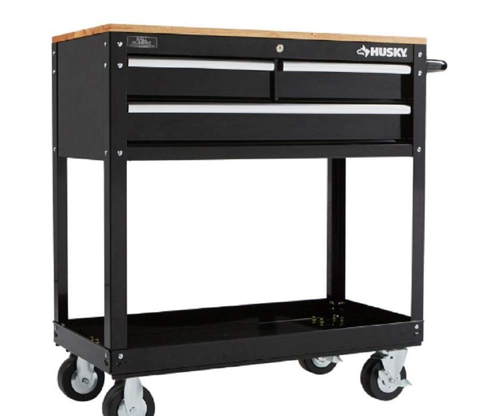 Husky 36 in. 3-Drawer Rolling Tool Cart with Wood Top, Black Husky