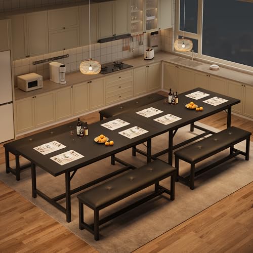 Garvee 63 in Extendable Dining Table Set for 4-6 People, 3-Piece Kitchen Table Set with 2 Upholstered Benches, Farmhouse Dining Room Table Set for Kitchen, Living Room, Apartment, Black Garvee