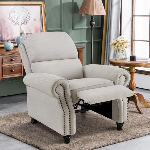 MCombo Pushback Recliner Chair, 3-Position Oversized Manual Recliner with Rolled Arms, Solid Wood Legs & Chenille Upholstery, Accent Reclining Chair for Living Room Office 4865 (Beige) MCombo