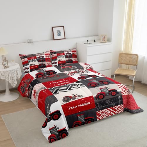 Erosebridal Kids Tractor Comforter Set for Boys Girls Red Cartoon Tractor Bedding Set Twin Farm Vehicle Truck Down Comforter Equipment Construction Duvet Insert Rustic Geometric Plaid Room Decor Erosebridal