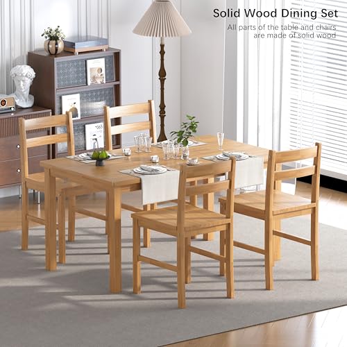 Orweiin 43.3 inch Solid Wood Indoor Modern Rectangular Dining Table Set for 4, Table and 4 Solid Wood Dining Chairs for Kitchen, Bar, Living Room, Breakfast Nook, Natural Orweiin