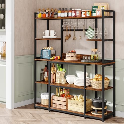 Elegant 5-Tier Kitchen Baker's Rack with Hutch and Hooks – Versatile Storage Solution in Brown LITTLE TREE