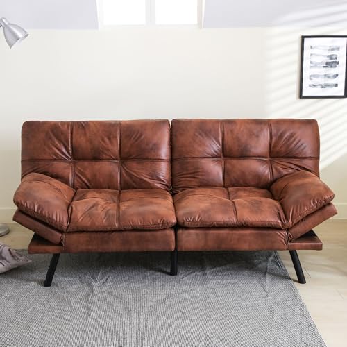 Erdoru Convertible Futon Sofa Bed,71" Modern Premium Faux Leather Futon Couch with Adjustable Backrest&Armrest,Small Loveseat Sleeper Sofa,Dorm Futonsofa for Apartment,Living Room,Whisky Brown Erdoru