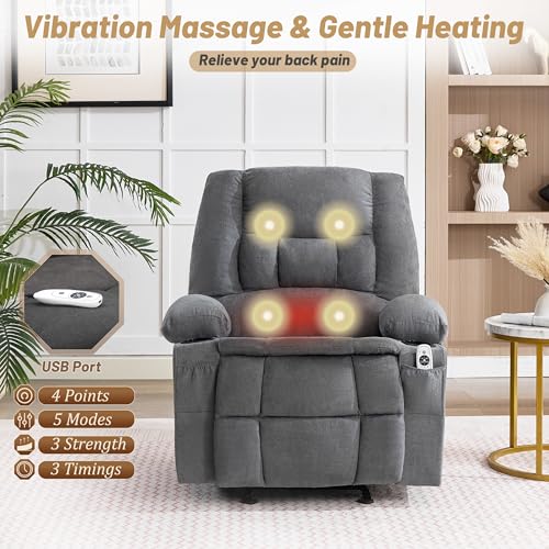 Rocker Recliner Chair with Massage and Heat, Nursery Rocking Chairs for Living Room, Ergonomic Comfy Relining Chair with Cup Holders, USB Charge Port, Side Pockets, Recliner Chair for Adults, Grey BIGGARSIT