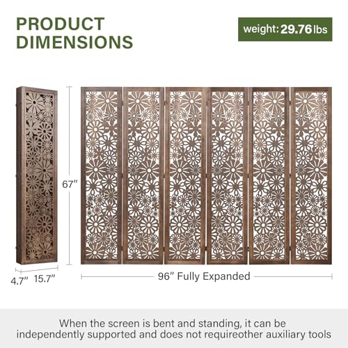 Folding Wood Room Divider Panel, 5.6 FT Tall Daisy-Carved Privacy Screen - Decorative Flower Carved Room Partition, No-Assembly Required, Ideal for Home and Office (6 Panel Brown) Svimi
