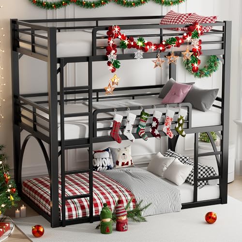 PVWIIK Full Triple Bunk Bed with Ladder for 3 Kids/Teen/Adults Bedroom,Full Over Full Over Full Heavy Duty Metal Bunk Bed for Girls & Boys,Black PVWIIK