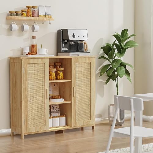 Iwell Storage Cabinet, Rattan Cabinet with 4 Adjustable Shelves, Bathroom Floor Cabinet, Sideboard Buffet Cabinet, Coffee Bar Cabinet, Accent Cabinet for Living Room, Entryway, Natural Iwell