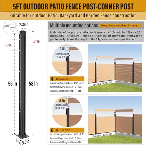 BITALS Q235A-Steel 5ft (H/58in) Heavy Duty Fence Post - Corner Post, Suitable for Outdoor Patio, Backyard and Garden Fence Post Bracket Construction (1pack-Matte Black) BITALS
