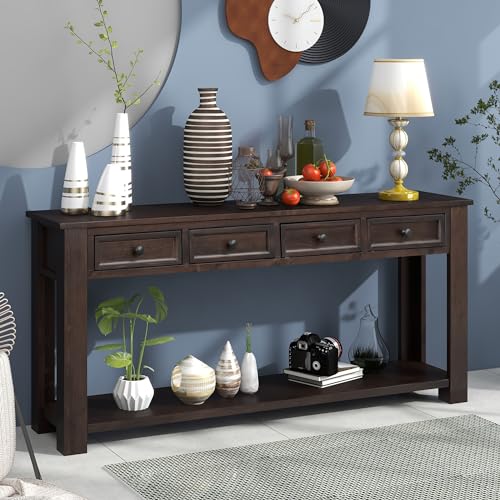 Merax Long Console Table with 4 Storage Drawers, Farmhouse Entryway Table with Open Shelf, 63 Inch Sofa Table Behind Couch, for Hallway Living Room Foyer, Espresso Merax