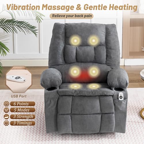 Oversized Swivel Rocker Recliner Chair with Massage & Heat,Recliner Chair for Adults,Ergonomic Relining Chair with Cup Holders,USB Charge Port,Side Pockets,Nursery Rocking Chairs for Living Room,Grey
