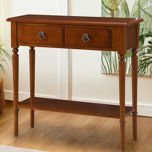Leick Home Coastal Console Table, Solid Wood, with Drawer and Shelf, for Entryways, Hallways, and Living Rooms, Pecan Brown, 20027-PC Leick Home