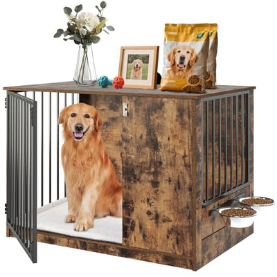 Dog Crate Furniture with Cushion for Large Dogs, 36" Indoor Wooden Dog Kennel with 270° Swivel Door, 360° Rotating Feeder, Decorative Heavy Duty Dog House with Double Locks & Bowls, Rustic Brown