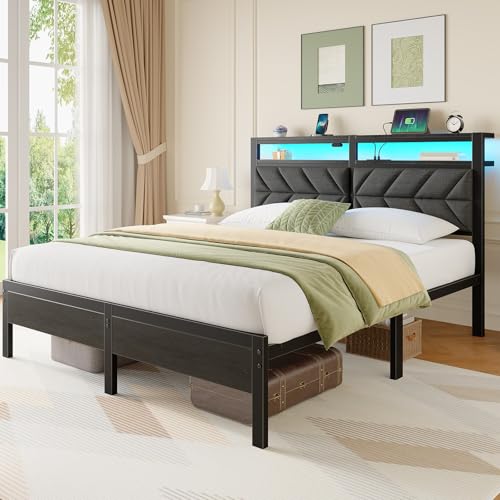 Seventable Full Size Bed Frame with Charging Station & LED Lights, Upholstered Headboard with Storage Shelves, Metal Platform with Under Bed Storage, No Box Spring Needed, Easy Assembly, Dark Grey Seventable