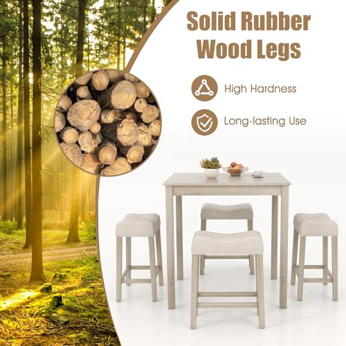 COSTWAY 5-Piece Bar Table Set, Square Breakfast Set for 4 w/Padded Stools, Small Kitchen Table Set w/Rubber Wood Legs, Space-Saving Dining Table Set for Living Room, Kitchen, Small Space COSTWAY