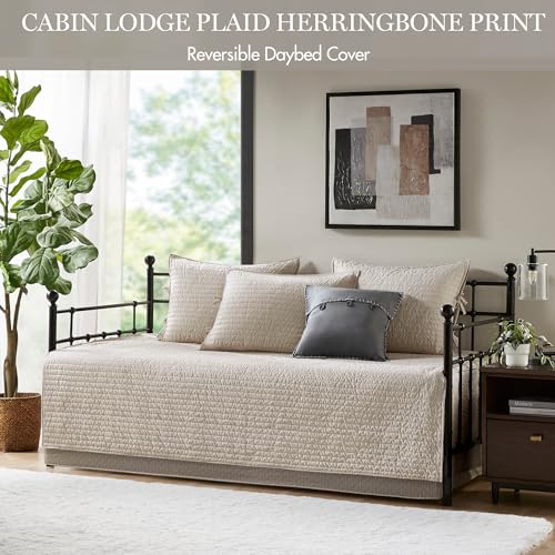 Madison Park Ridge Daybed Cover Set - Cabin Lodge Plaid Herringbone Print Reversible Design, All Season Luxury Bedding with Bedskirt, Matching Shams, Decorative Pillow, 39"x75", Neutral 6 Piece Madison Park