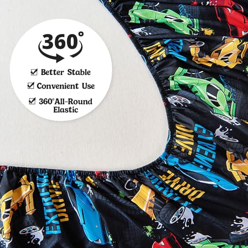 MCO Kids Full Size Bed Sheets, Soft Microfiber Full Size Sheets for Boy Girls, 4 Pieces Breathable Full Bed Sheet Race car Black MCO