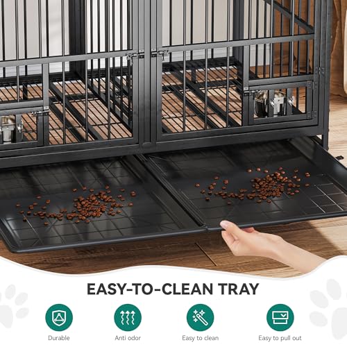 YITAHOME 37.5'' Heavy Duty Dog Crate with Removable Divider, Double Doors & Locks Design, Furniture Style Large Dog Crate with 360° Rotatable Dog Bowls & 360° Wheels & 2 Trays for Small/Medium Dog YITAHOME