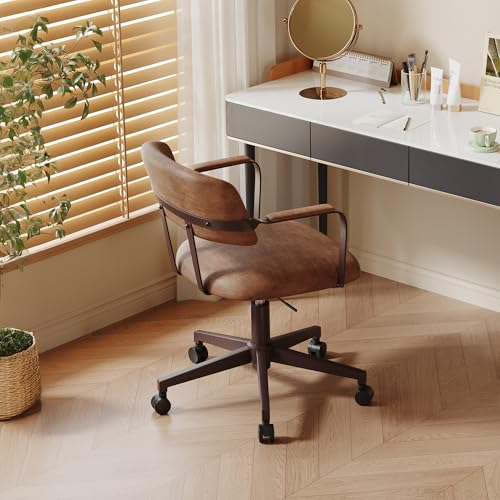 BERYTH Home Office Desk Chair, Mid-Century Style Desk Chair with Padded Arms, Adjustable Seat Height, Mid Back 360° Small Computer Chair with Mobile Mute Wheel, PU Leather (Brown) BERYTH