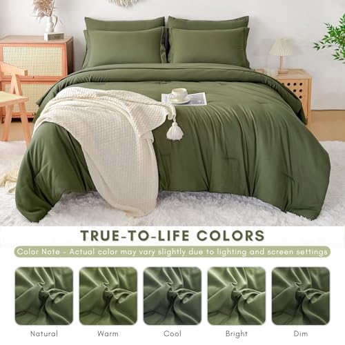 FMLIUY Twin/Twin XL Comforter Duvet Cover Set Olive Green - 7-Piece Bed in a Bag, Festive Gift Double Brushed Micorfiber All-Season Soft Bedding with Sheets & Envelope Pillowcases (68"x88",Twin) FMLIUY