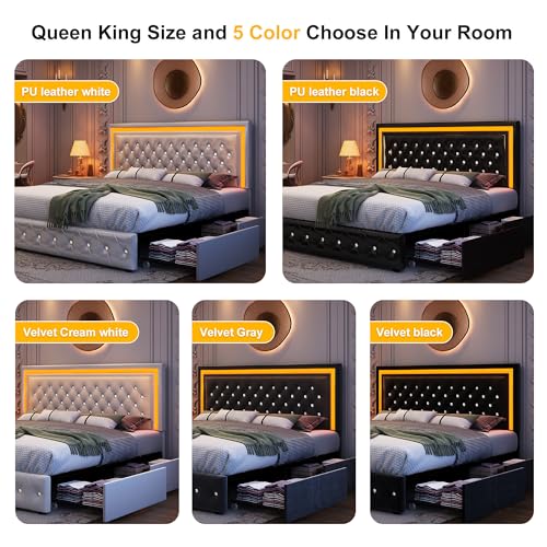 Cream Velvet Queen LED Bed Frame with 4 Storage Drawers and Adjustable Headboard Generic
