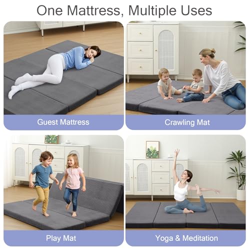 MeMoreCool Folding Foam Futon Mattress Queen, Foldable Japanese Floor Mattress, Sleeping Mat Pad for Adults Guests Sleepovers, 3 in Thick Tatami Mat Portable Shikibuton, Dark Grey MeMoreCool