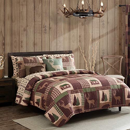 How Plumb Aubrie Home Accents Cozy Cabin 2-Piece Twin Quilt Bedding Set with Pillow Sham Rustic Patchwork Plaid Deer Coverlet Bedspread, Brown Tan Green How Plumb